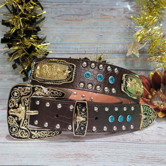 CaySep Women Men Rhinestone Belt Western Cowgirl Cowboy  Praying Cowboy Western Belt Cowboy Cowgirl RhinestonGold genuine Leather sz LG